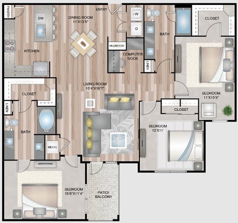 A floor plan of a house with a kitchen, living room, dining room, and multiple bedrooms.